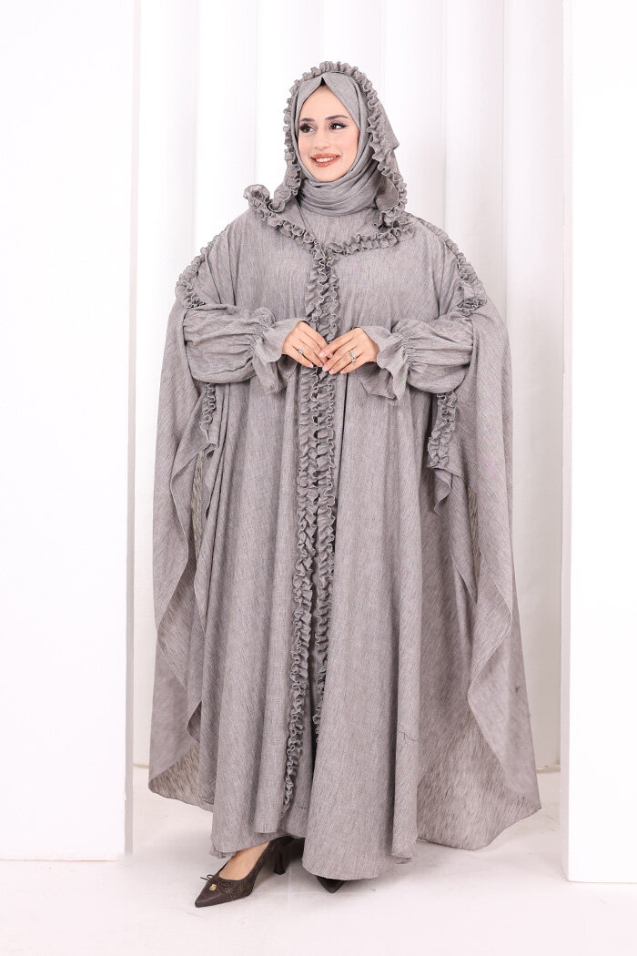 Keten Pelerinli Elbise Abaya Takım 8021 Kahverengi - 1