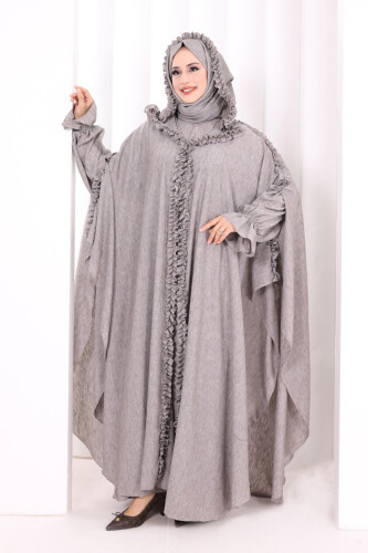 Keten Pelerinli Elbise Abaya Takım 8021 Kahverengi - 2