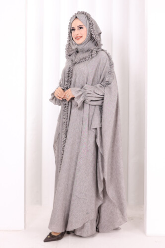 Keten Pelerinli Elbise Abaya Takım 8021 Kahverengi - 3