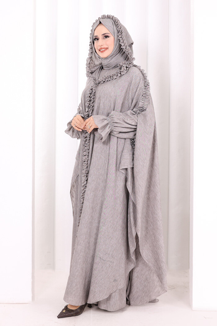 Keten Pelerinli Elbise Abaya Takım 8021 Kahverengi - 3