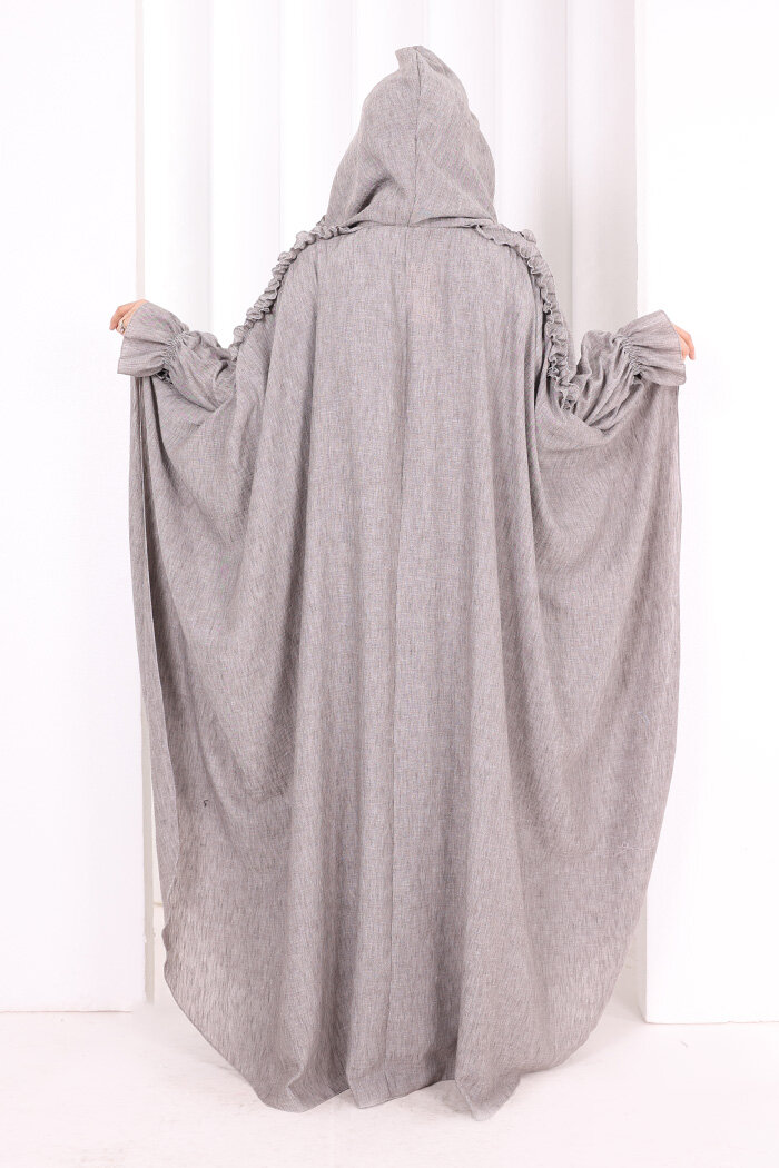 Keten Pelerinli Elbise Abaya Takım 8021 Kahverengi - 4