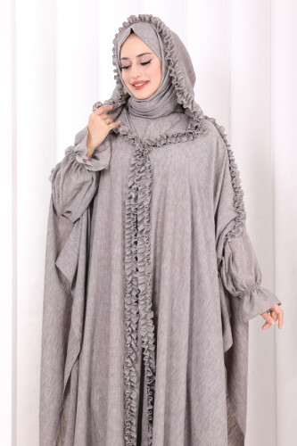 Keten Pelerinli Elbise Abaya Takım 8021 Kahverengi - 5