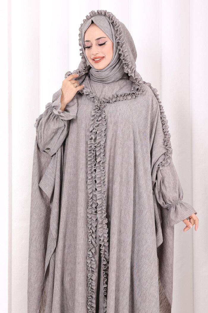 Keten Pelerinli Elbise Abaya Takım 8021 Kahverengi - 5