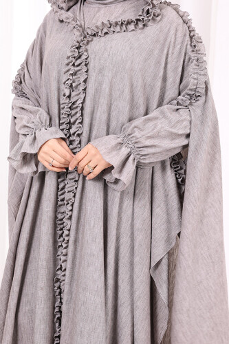 Keten Pelerinli Elbise Abaya Takım 8021 Kahverengi - 6