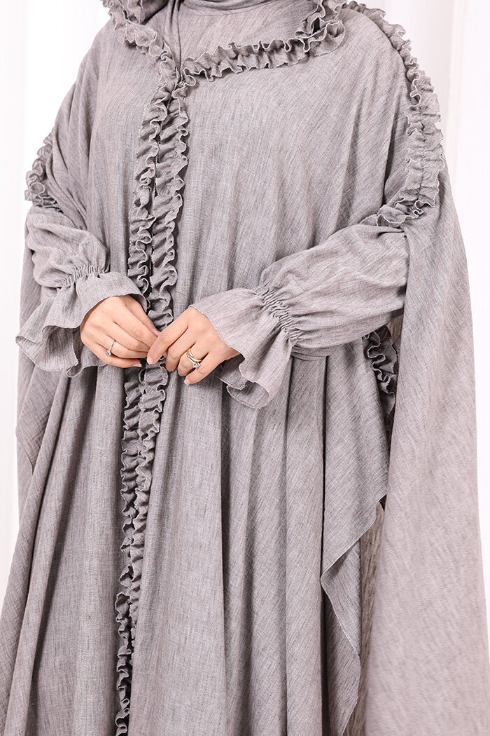 Keten Pelerinli Elbise Abaya Takım 8021 Kahverengi - 6