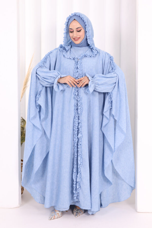 Keten Pelerinli Elbise Abaya Takım 8021 Mavi - 1
