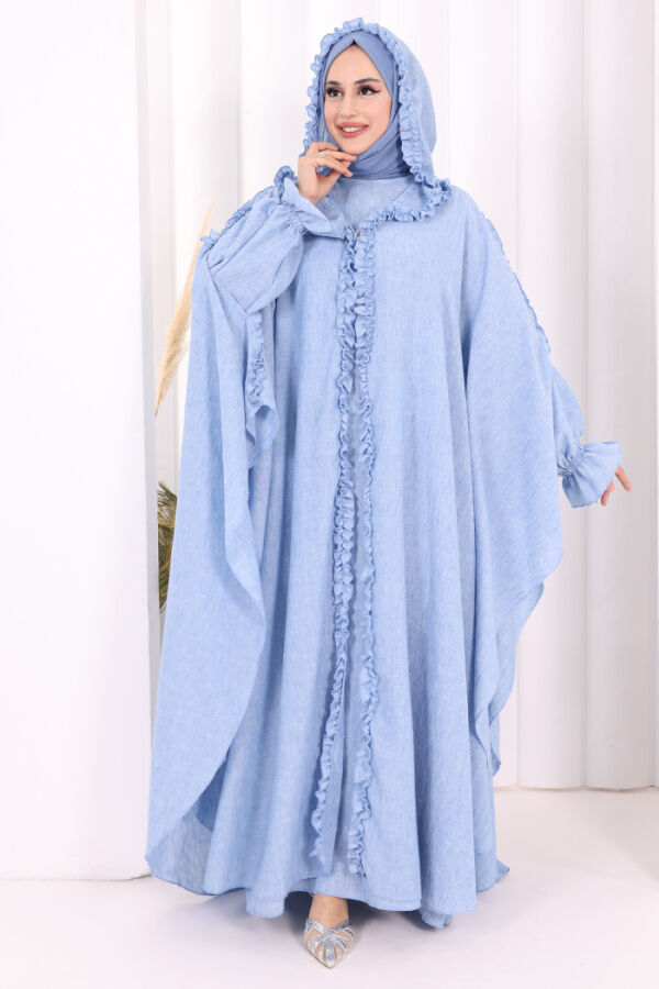 Keten Pelerinli Elbise Abaya Takım 8021 Mavi - 2