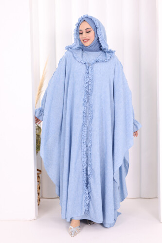 Keten Pelerinli Elbise Abaya Takım 8021 Mavi - 3