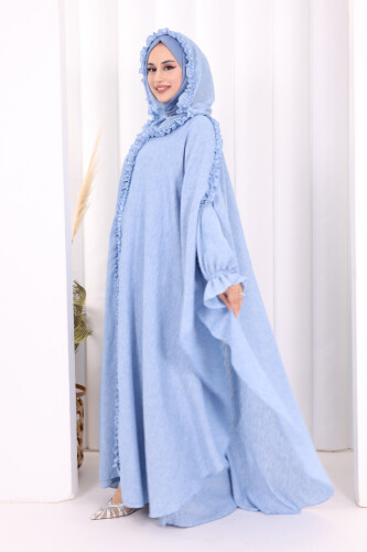 Keten Pelerinli Elbise Abaya Takım 8021 Mavi - 4