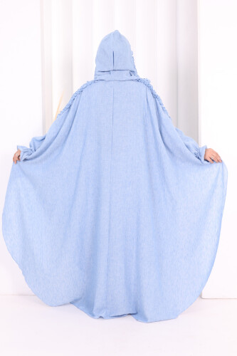 Keten Pelerinli Elbise Abaya Takım 8021 Mavi - 5
