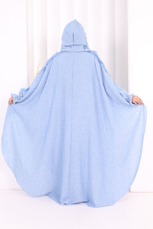 Keten Pelerinli Elbise Abaya Takım 8021 Mavi - 5