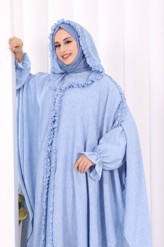 Keten Pelerinli Elbise Abaya Takım 8021 Mavi - 6