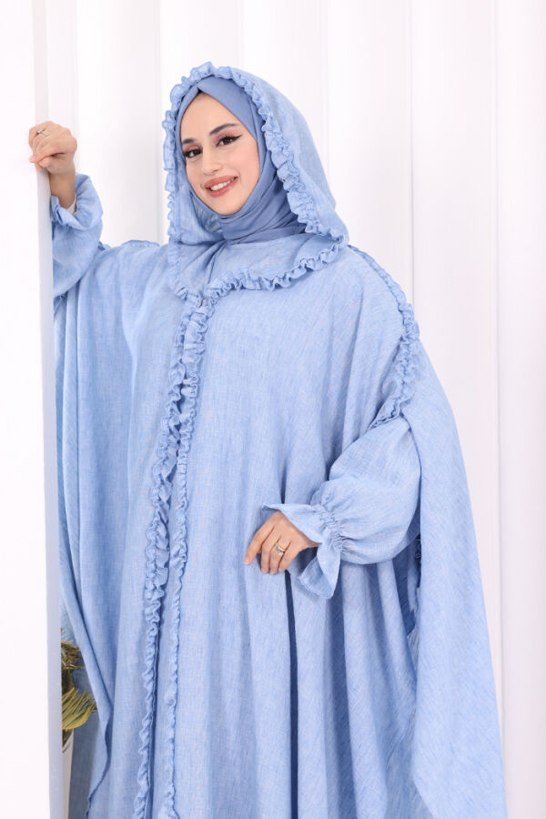 Keten Pelerinli Elbise Abaya Takım 8021 Mavi - 6