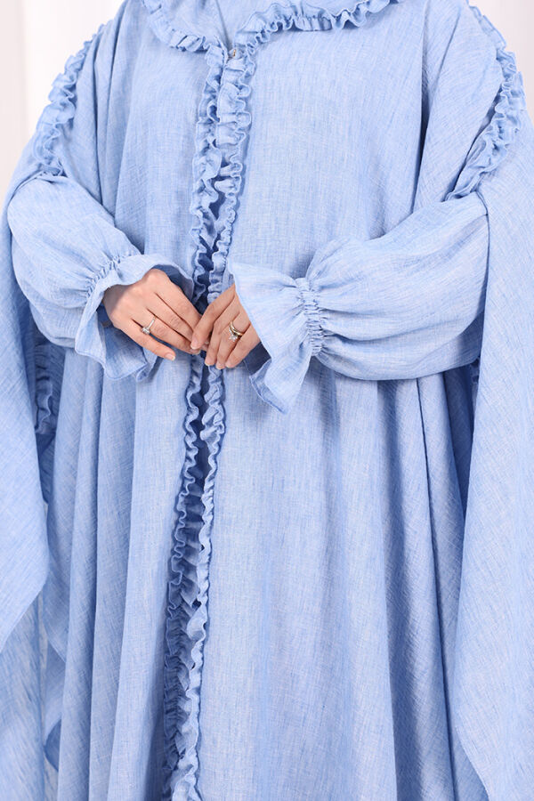 Keten Pelerinli Elbise Abaya Takım 8021 Mavi - 7