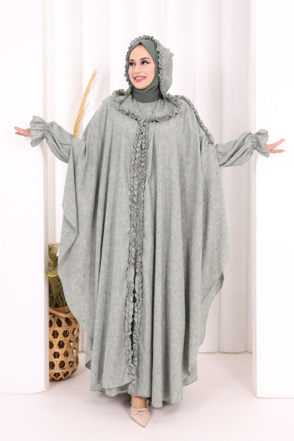 Keten Pelerinli Elbise Abaya Takım 8021 Mint - 1
