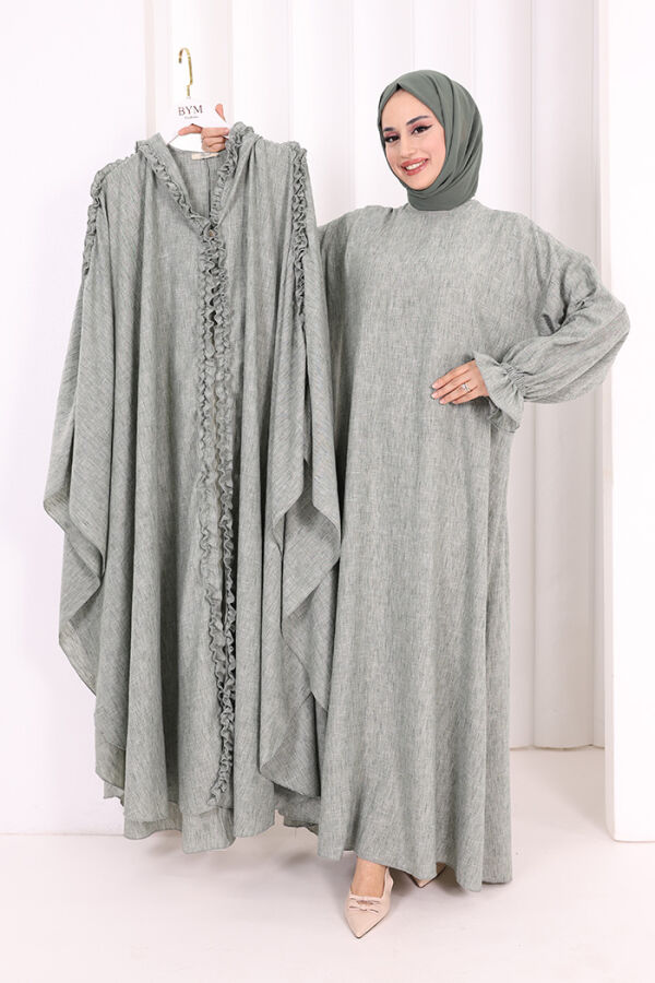 Keten Pelerinli Elbise Abaya Takım 8021 Mint - 10