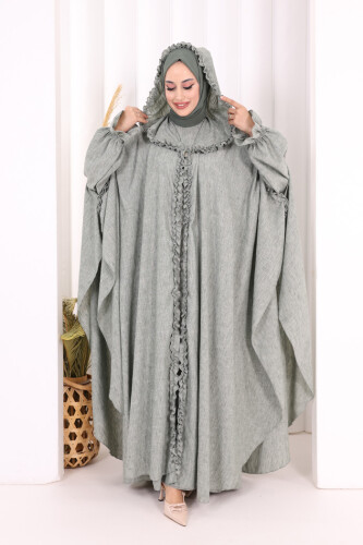 Keten Pelerinli Elbise Abaya Takım 8021 Mint - 2