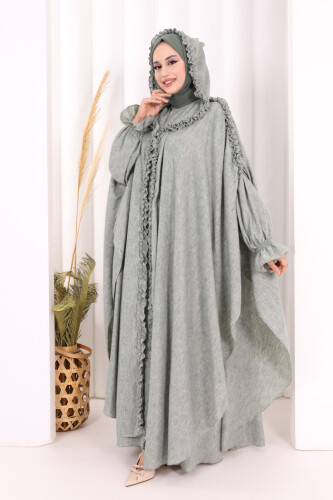 Keten Pelerinli Elbise Abaya Takım 8021 Mint - 3