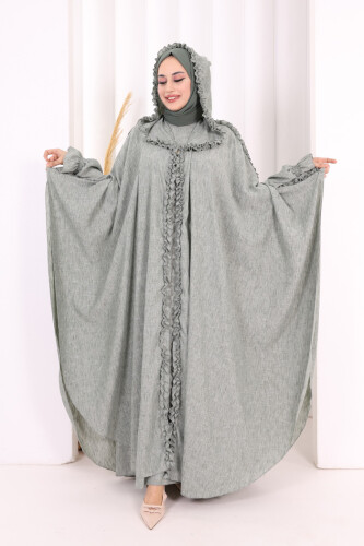 Keten Pelerinli Elbise Abaya Takım 8021 Mint - 4