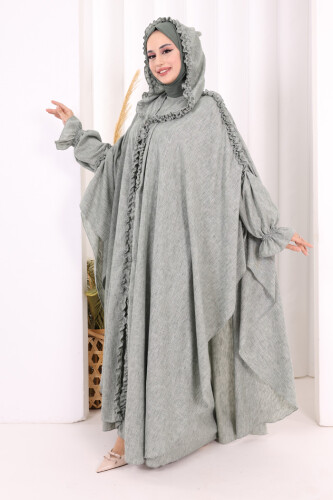 Keten Pelerinli Elbise Abaya Takım 8021 Mint - 5
