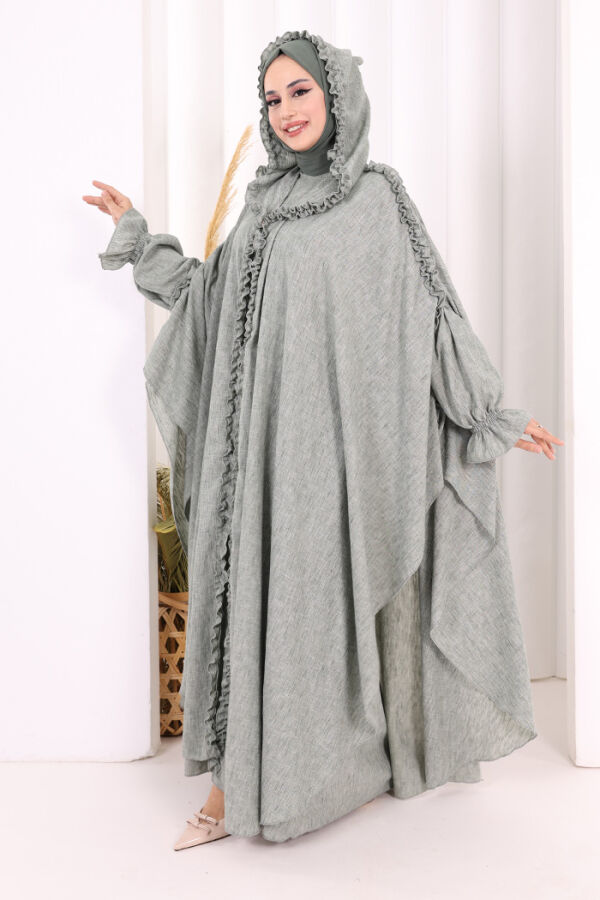 Keten Pelerinli Elbise Abaya Takım 8021 Mint - 5