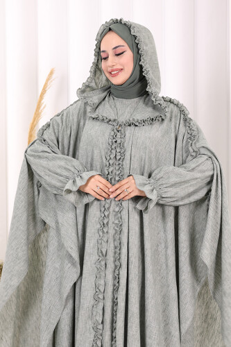 Keten Pelerinli Elbise Abaya Takım 8021 Mint - 8