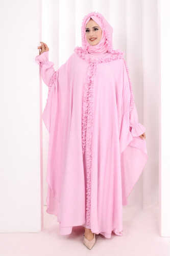 Keten Pelerinli Elbise Abaya Takım 8021 Pembe 