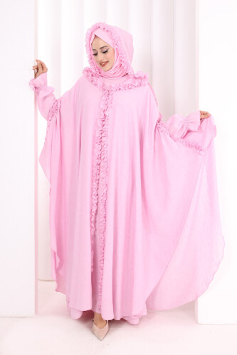 Keten Pelerinli Elbise Abaya Takım 8021 Pembe - 2