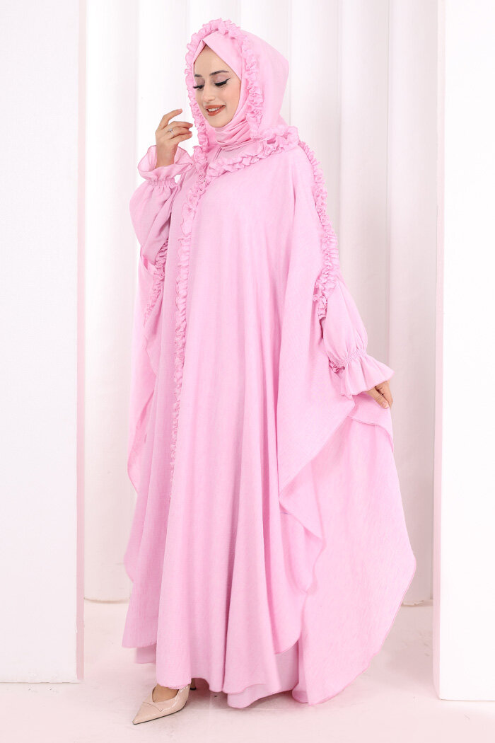 Keten Pelerinli Elbise Abaya Takım 8021 Pembe - 3