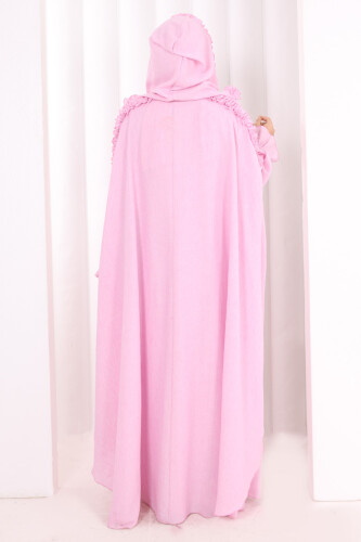 Keten Pelerinli Elbise Abaya Takım 8021 Pembe - 4