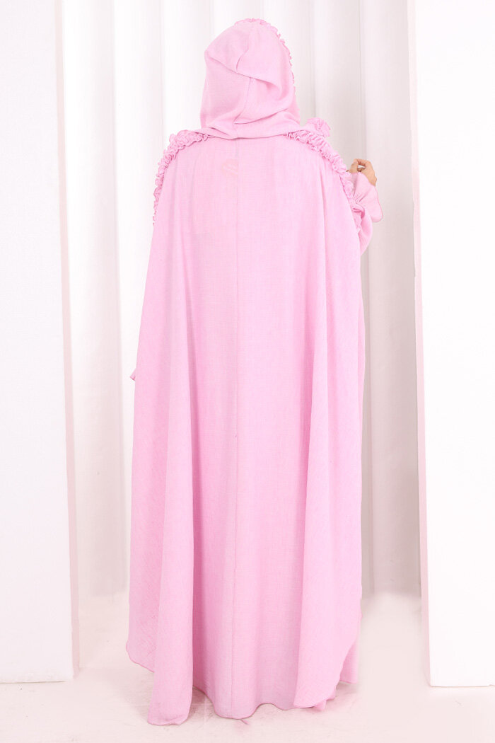 Keten Pelerinli Elbise Abaya Takım 8021 Pembe - 4