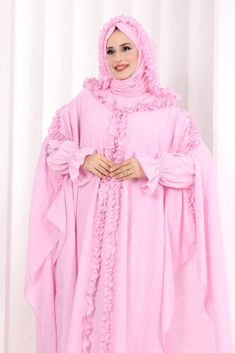 Keten Pelerinli Elbise Abaya Takım 8021 Pembe - 5