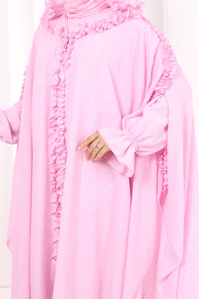 Keten Pelerinli Elbise Abaya Takım 8021 Pembe - 6