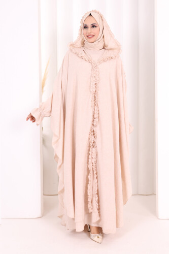 Keten Pelerinli Elbise Abaya Takım 8021 Taş - 2