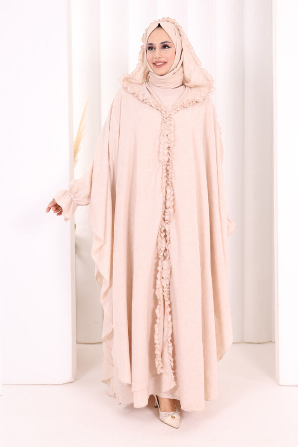 Keten Pelerinli Elbise Abaya Takım 8021 Taş - 2