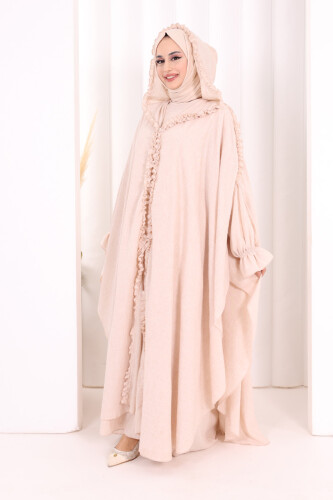 Keten Pelerinli Elbise Abaya Takım 8021 Taş - 3