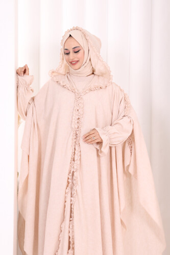Keten Pelerinli Elbise Abaya Takım 8021 Taş - 5