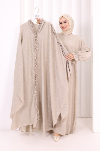 Keten Pelerinli Elbise Abaya Takım 8021 Vizon