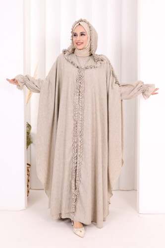 Keten Pelerinli Elbise Abaya Takım 8021 Vizon - 2