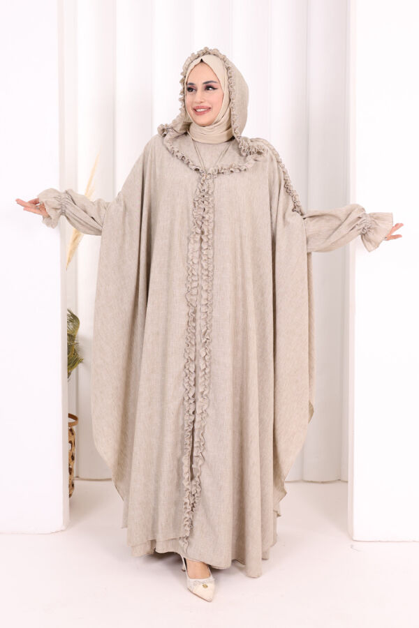 Keten Pelerinli Elbise Abaya Takım 8021 Vizon - 2