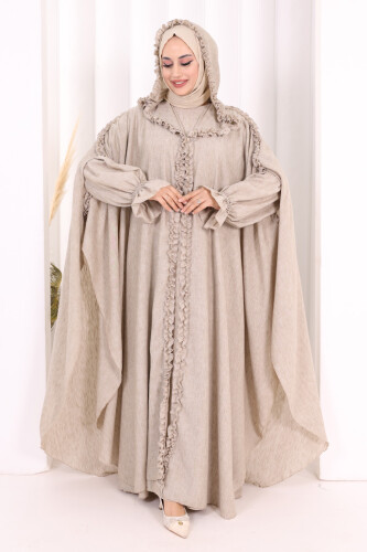 Keten Pelerinli Elbise Abaya Takım 8021 Vizon - 3
