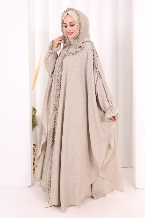 Keten Pelerinli Elbise Abaya Takım 8021 Vizon - 4
