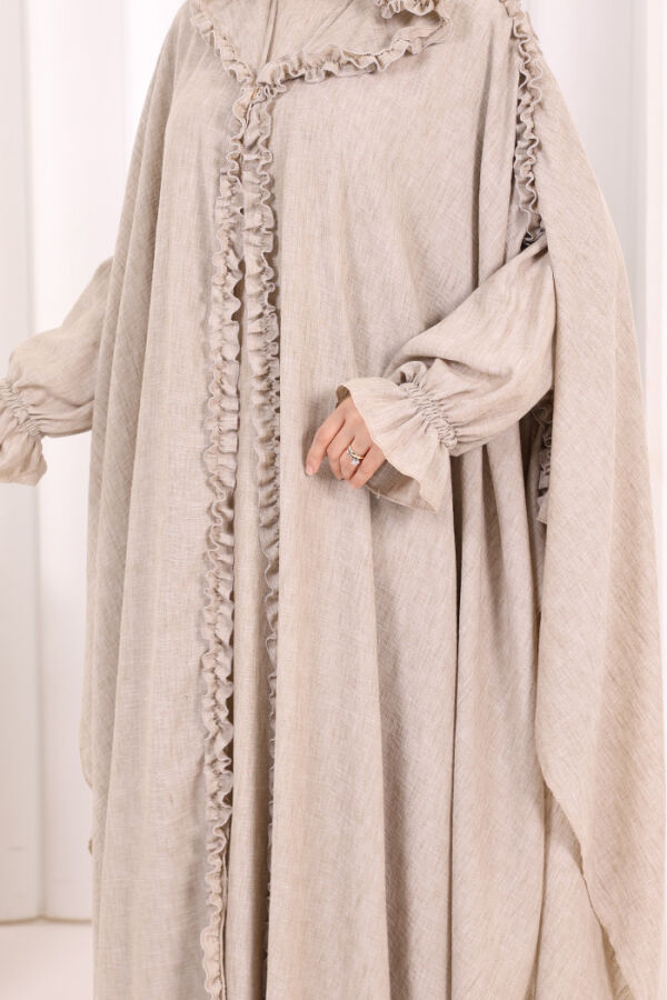 Keten Pelerinli Elbise Abaya Takım 8021 Vizon - 6