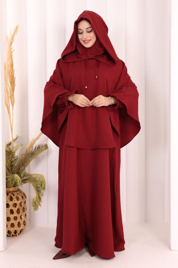 Keten Sufleli Elbise Takım 6067 Bordo - 1