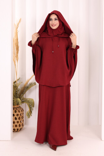 Keten Sufleli Elbise Takım 6067 Bordo - 2