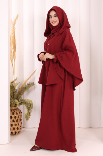 Keten Sufleli Elbise Takım 6067 Bordo - 4