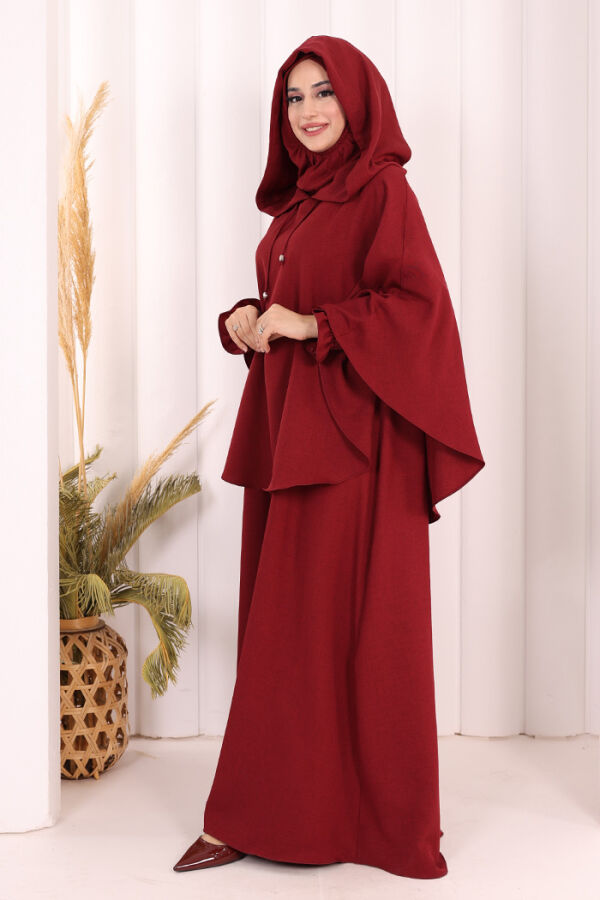 Keten Sufleli Elbise Takım 6067 Bordo - 4