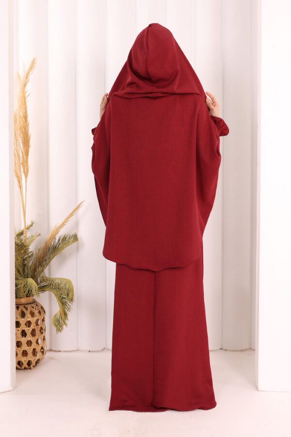 Keten Sufleli Elbise Takım 6067 Bordo - 5