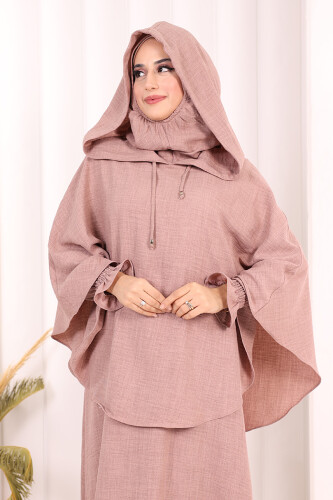 Keten Sufleli Elbise Takım 6067 Gül Kurusu - 5