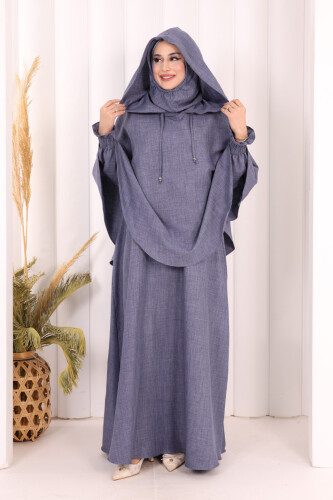 Keten Sufleli Elbise Takım 6067 İndigo